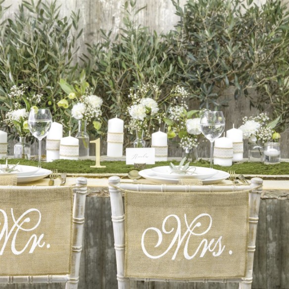Cartelitos Yute Mr Mrs para sillas