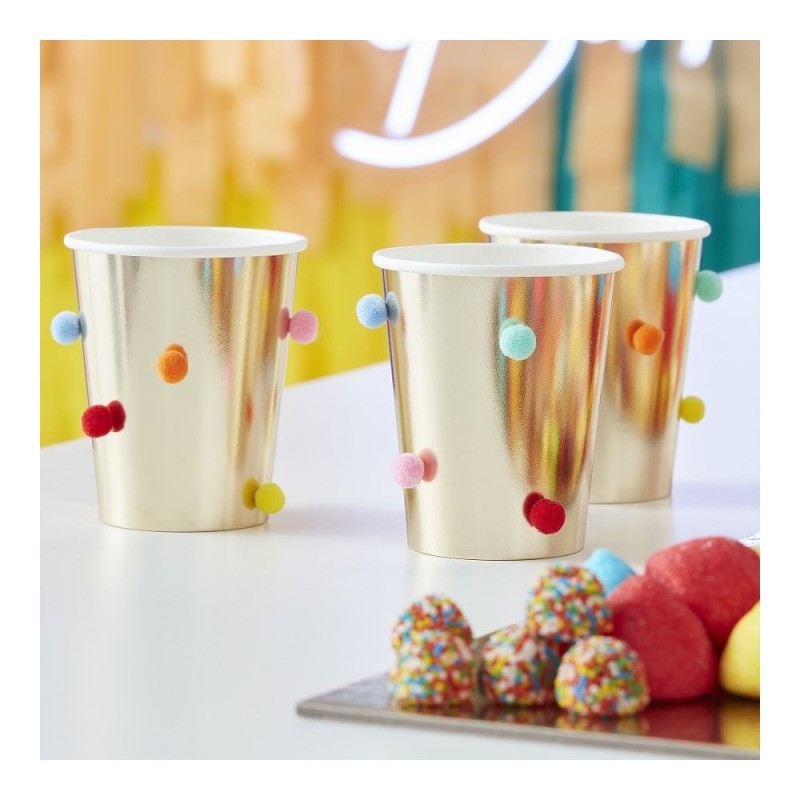 8 Vasos dorados con pompones